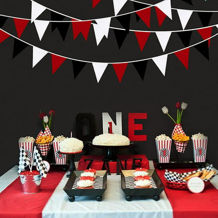 10M/32Ft Red Black White Banner Graduation Party Decorations Triangle Flag Fabric Banner Pennant Garland Bunting for Wedding Birthday Pirate Casino Mickey Mouse Ladybug Theme Hanging Festivals Decor 